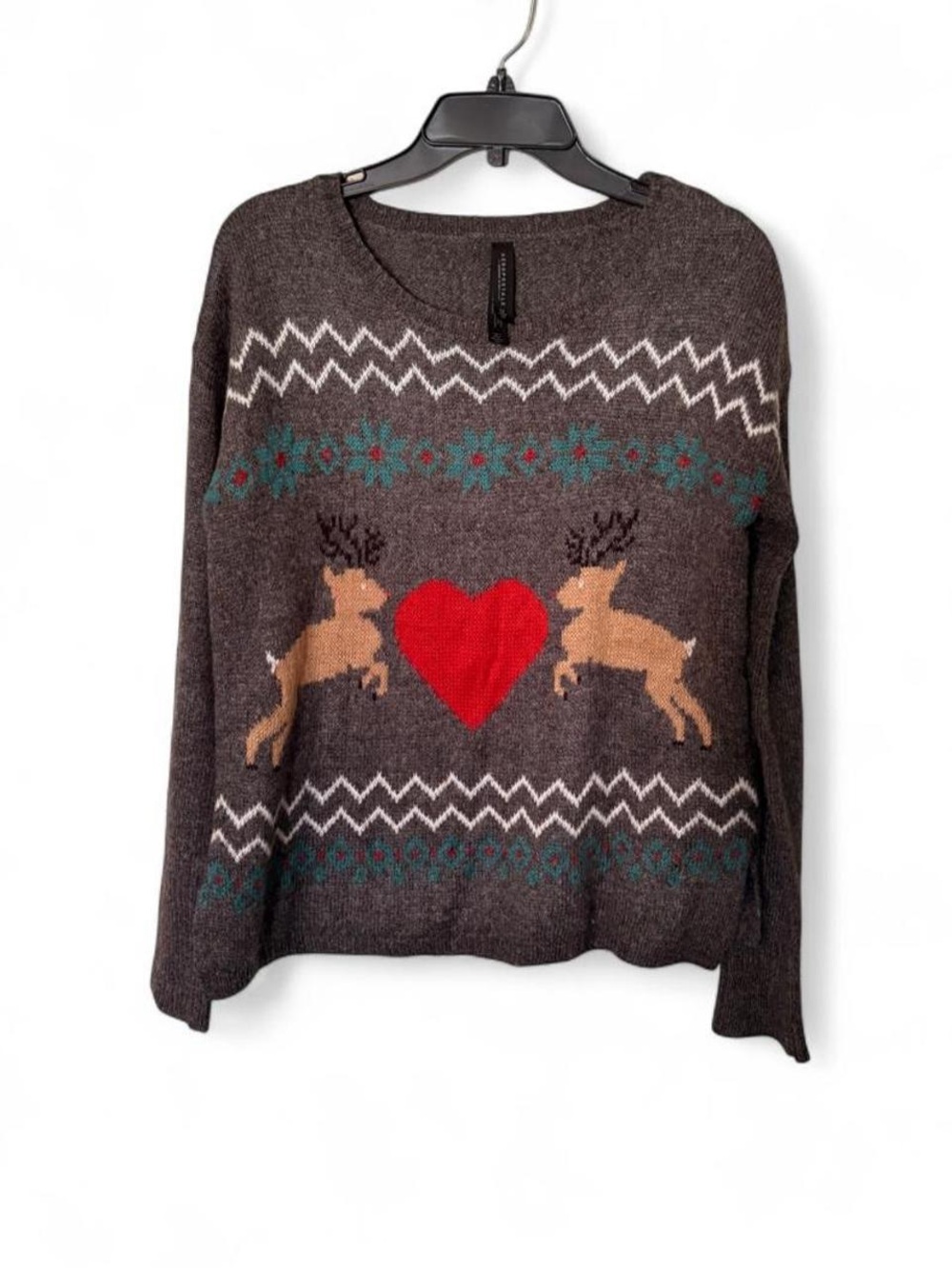 Aeropostale Charcoal Crewneck Sweater with Red Heart & Tan Reindeer M